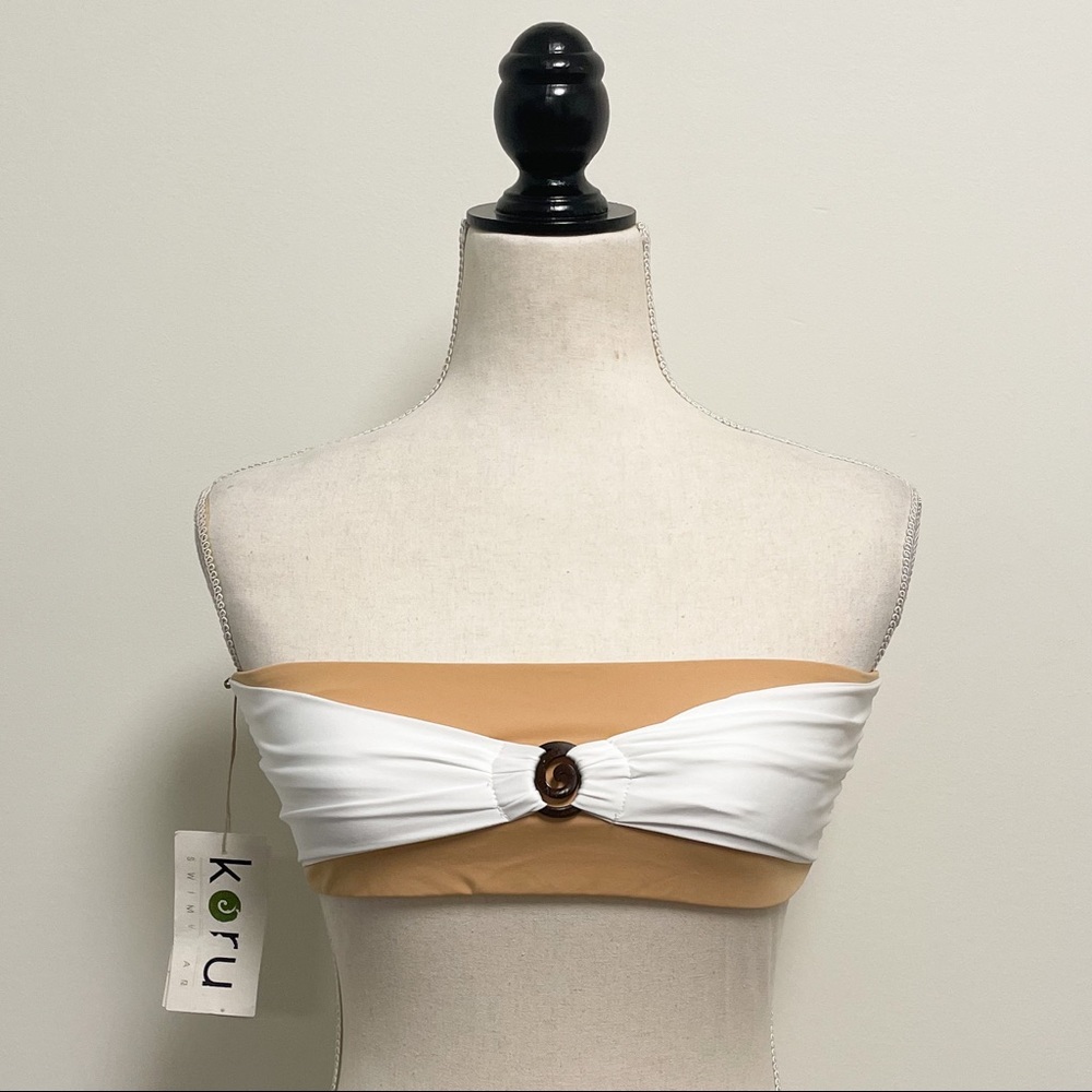 Women's Two-Tone White and Tan Bandeau Swim Top with Ring Detail